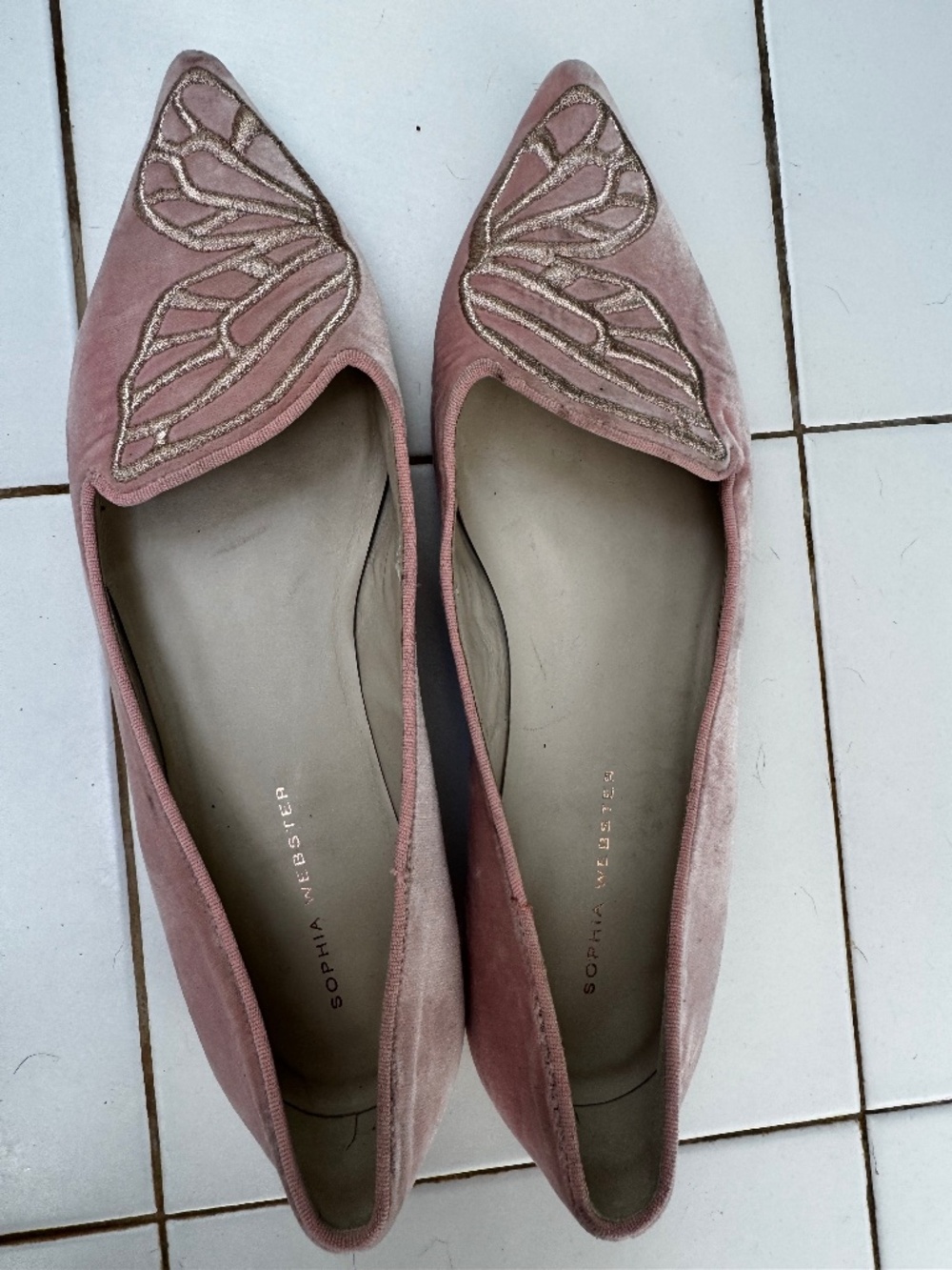 SOPHIA WEBSTER PINK VELVET EMBROIDERED BIBI BUTTERFLY FLATS SHOES I 39 US 9